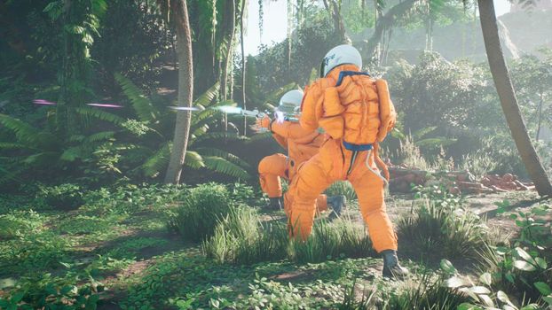 Astronauts battle the dinosaur Tyrannosaurus Rex in a prehistoric alien jungle. View of the green prehistoric jungle forest on a sunny morning.