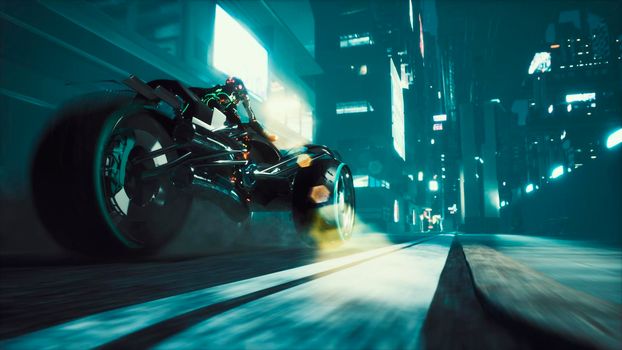 Cyborg rides a huge speed on the motorcycle of the future through the neon streets of the night cyber city. A view of the neon sci-Fi city. Post-apocalyptic cyber world concept.