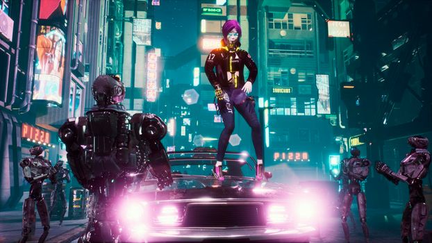 A girl dances hip-hop in a futuristic car, surrounded by android robots on the street of a night city. View of an future fiction city. Sci-fi cyber world concept.