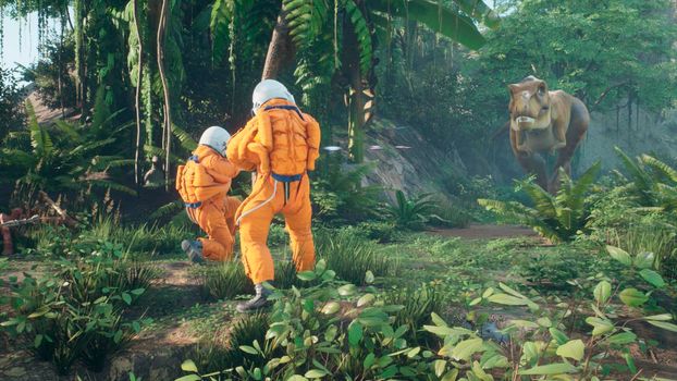 Astronauts battle the dinosaur Tyrannosaurus Rex in a prehistoric alien jungle. View of the green prehistoric jungle forest on a sunny morning.