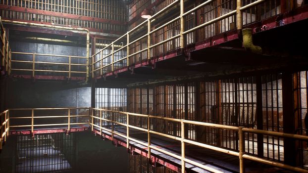 A dirty deserted prison with closed cells. View of an old prison and empty prison cells.