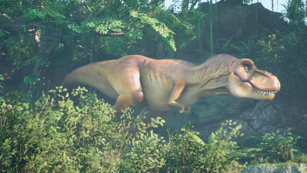 The Tyrannosaurus Rex dinosaur slowly creeps up on its prey in a thicket of green prehistoric jungle. View of the green prehistoric jungle forest on a Sunny morning.