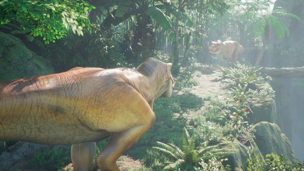 The Tyrannosaurus Rex dinosaur slowly creeps up on its prey in a thicket of green prehistoric jungle. View of the green prehistoric jungle forest on a Sunny morning.