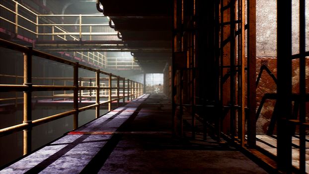 An old deserted prison with empty closed cells. View of the old empty prison.