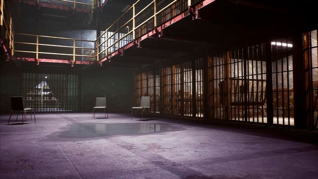 An old deserted prison with empty closed cells. View of the old empty prison.