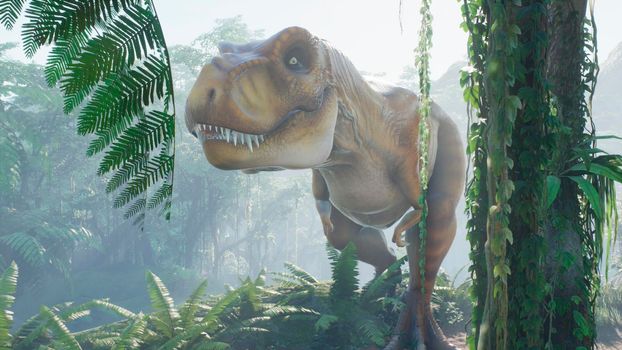 The Tyrannosaurus Rex dinosaur slowly creeps up on its prey in a thicket of green prehistoric jungle. View of the green prehistoric jungle forest on a Sunny morning.