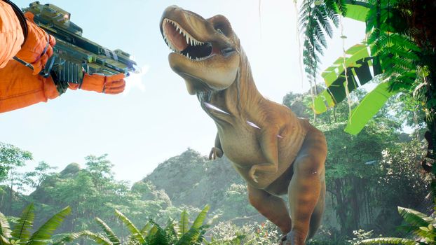 A meeting of two time-traveler astronauts and a predatory Tyrannosaurus rex in a prehistoric Jurassic park. View of the green prehistoric jungle forest on a sunny morning.