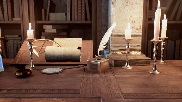 A skull and a manuscript with spells lie on the ancient table of the alchemist. View of the ancient alchemist's table.