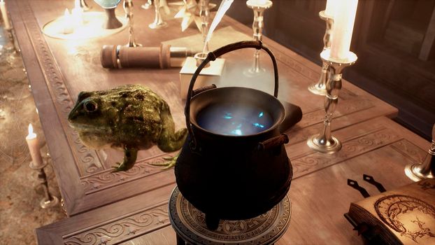 On the alchemist's table is a green big toad and a pot of steaming potion. View of the ancient alchemist's table.