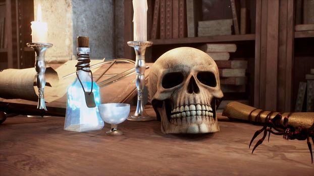 A skull and a manuscript with spells lie on the ancient table of the alchemist. View of the ancient alchemist's table.