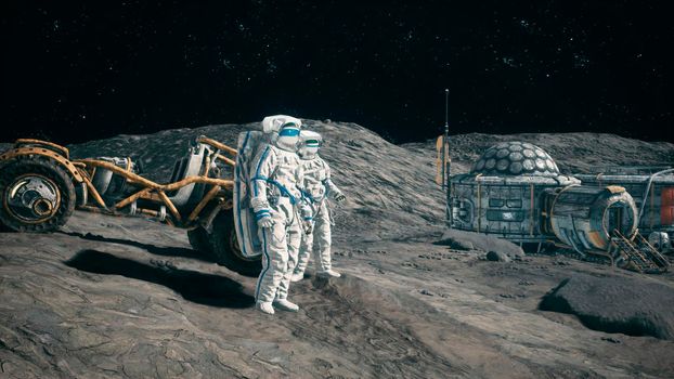 Astronauts near their lunar rover admire the lunar base of their lunar colony. View of the lunar surface and space base.