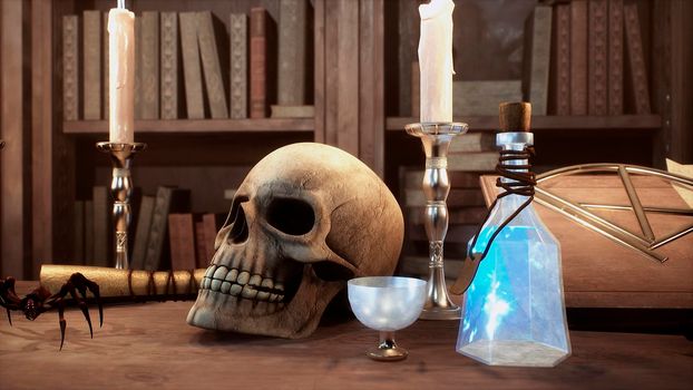 A skull and a manuscript with spells lie on the ancient table of the alchemist. View of the ancient alchemist's table.