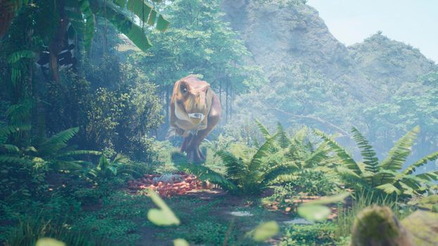 The Tyrannosaurus Rex dinosaur slowly creeps up on its prey in a thicket of green prehistoric jungle. View of the green prehistoric jungle forest on a Sunny morning.