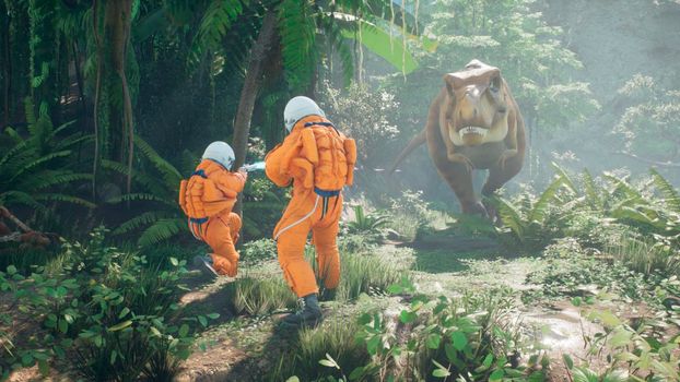 Astronauts battle the dinosaur Tyrannosaurus Rex in a prehistoric alien jungle. View of the green prehistoric jungle forest on a sunny morning.