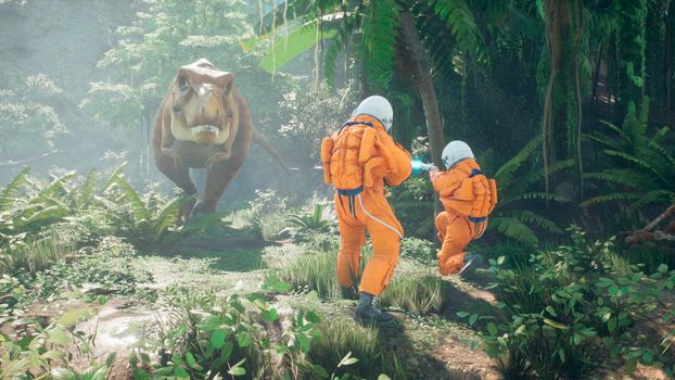 A meeting of two time-traveler astronauts and a predatory Tyrannosaurus rex in a prehistoric Jurassic park. View of the green prehistoric jungle forest on a sunny morning.
