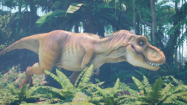 The Tyrannosaurus Rex dinosaur slowly creeps up on its prey in a thicket of green prehistoric jungle. View of the green prehistoric jungle forest on a Sunny morning.
