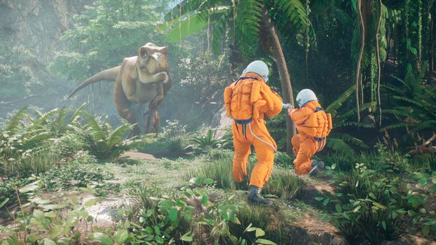 Astronauts battle the dinosaur Tyrannosaurus Rex in a prehistoric alien jungle. View of the green prehistoric jungle forest on a sunny morning.