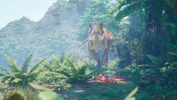 The Tyrannosaurus Rex dinosaur slowly creeps up on its prey in a thicket of green prehistoric jungle. View of the green prehistoric jungle forest on a Sunny morning.