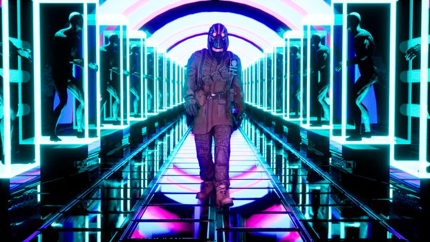 A glowing neon stalker walks through a neon tunnel with sitting zombies in cages. View of the glowing neon corridor.