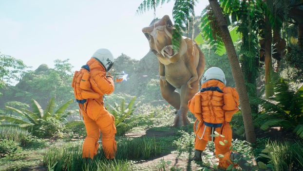 Astronauts battle the dinosaur Tyrannosaurus Rex in a prehistoric alien jungle. View of the green prehistoric jungle forest on a sunny morning.