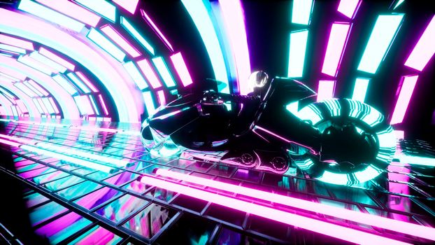 Cyber girl rides a motorcycle in a glowing neon tunnel. View of the glowing neon corridor.