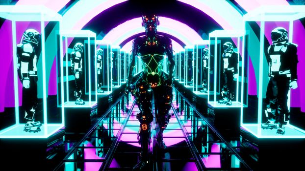 A glowing alien walks along a neon corridor with astronauts sitting in cages. View of the glowing corridor.