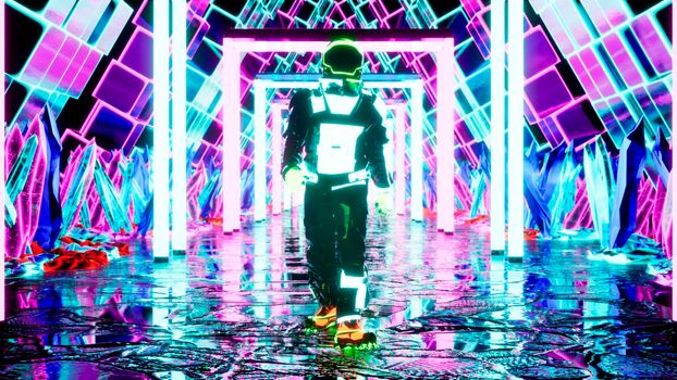 A luminous astronaut walks through a neon tunnel. View of the glowing neon corridor.