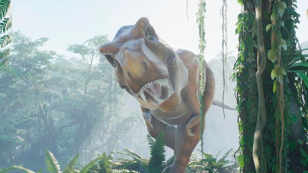 The Tyrannosaurus Rex dinosaur slowly creeps up on its prey in a thicket of green prehistoric jungle. View of the green prehistoric jungle forest on a Sunny morning.