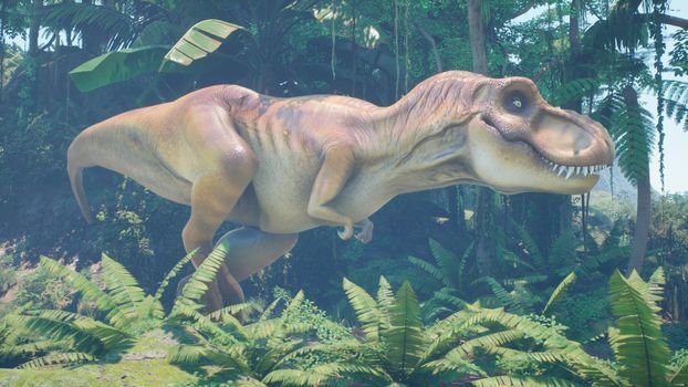 The Tyrannosaurus Rex dinosaur slowly creeps up on its prey in a thicket of green prehistoric jungle. View of the green prehistoric jungle forest on a Sunny morning.