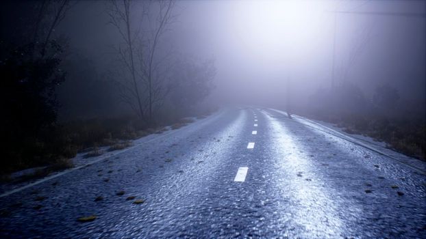 Foggy mystical abandoned road with abandoned cars. View of an abandoned apocalyptic foggy road.