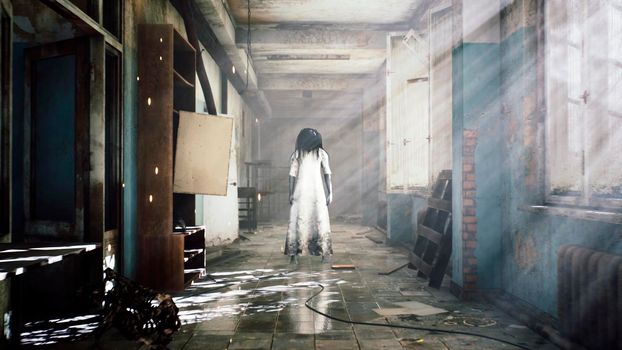 A horrible girl in a white dress, looking like a zombie, moves through an abandoned mystical house. View of an abandoned apocalyptic corridor and spooky girl.