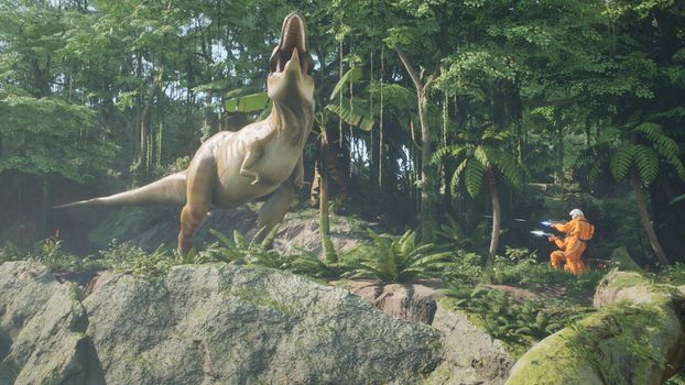 Astronauts battle the dinosaur Tyrannosaurus Rex in a prehistoric alien jungle. View of the green prehistoric jungle forest on a sunny morning.