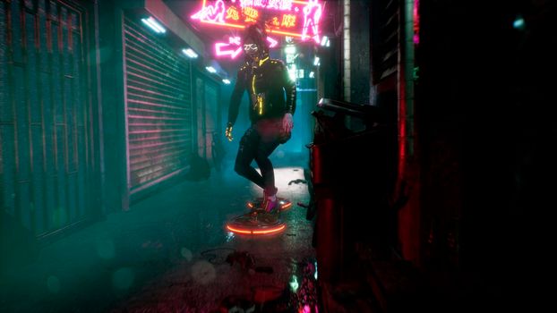 The girl of the future glides on her hoverboard down the street of the cyber city. View of an future cyber city. Post-apocalyptic cyber world concept.