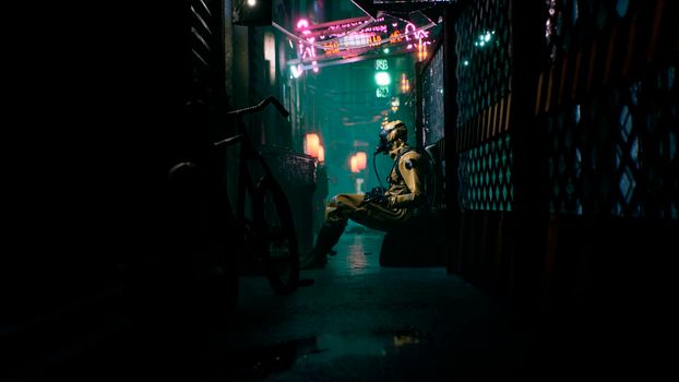 A nuclear physicist sits on a neon street and checks the surrounding radiation with a dosimeter. Post-apocalyptic world concept. View of an deserted apocalyptic street.