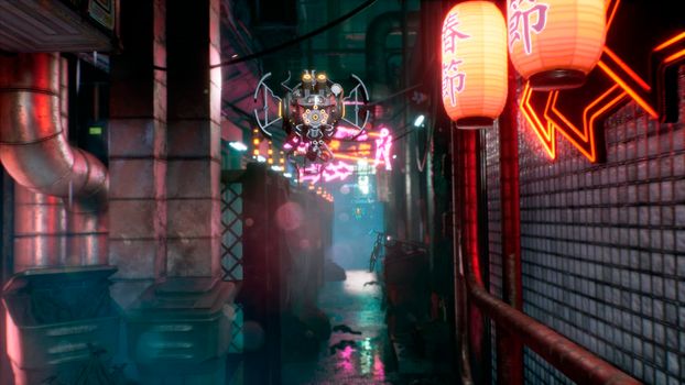 A police cyber drone flies through a deserted neon foggy street with lonely houses. View of an deserted cyber neon street. Post-apocalyptic cyber world concept.