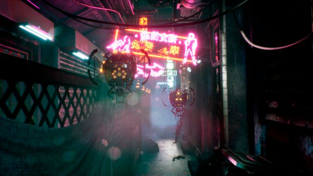 A police cyber drone flies through a deserted neon foggy street with lonely houses. View of an deserted cyber neon street. Post-apocalyptic cyber world concept.