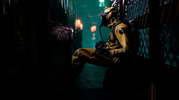 A nuclear physicist sits on a neon street and checks the surrounding radiation with a dosimeter. Post-apocalyptic world concept. View of an deserted apocalyptic street.