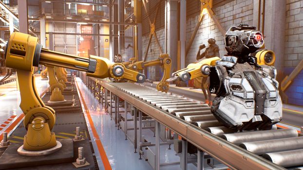 Automated robotic assembly line. Robotics works in a production line of robot parts in a factory. Technology and automation. View of the automatic plant.