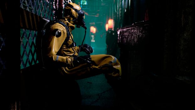 A nuclear physicist sits on a neon street and checks the surrounding radiation with a dosimeter. Post-apocalyptic world concept. View of an deserted apocalyptic street.