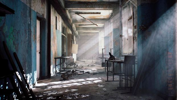 An abandoned mystical house with skeletons and rubbish on a dusty floor. View of an abandoned apocalyptic house.