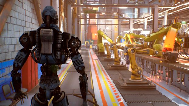 A futuristic robot checks an automatic production line in a car factory. View of the automatic plant of the future.
