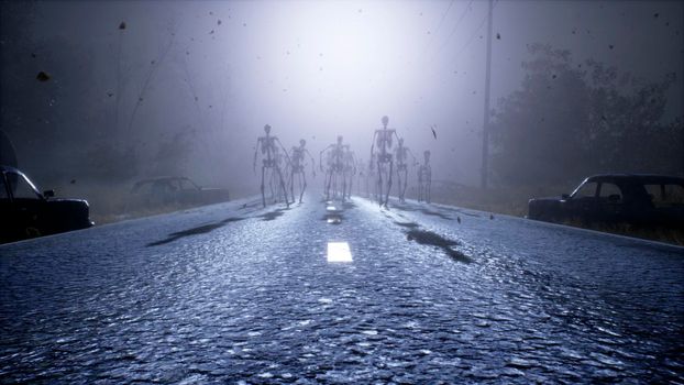 A dark army of skeletons is walking along a mystical abandoned road. View of an abandoned apocalyptic foggy road.