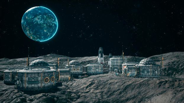 A view of the surface of an alien planet, a space colony or a lunar base with spaceships standing nearby. Concept of the future space colony.