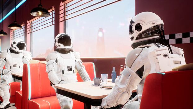 On a distant red planet, astronauts have lunch at a local eatery. View of the eatery with an astronauts.