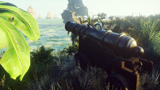 Medieval cannon on a tropical island, in the middle of green grass on a cloudy morning, before the battle. View of the green tropical island on a cloudy morning.