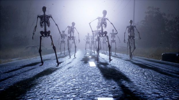 A dark army of skeletons is walking along a mystical abandoned road. View of an abandoned apocalyptic foggy road.