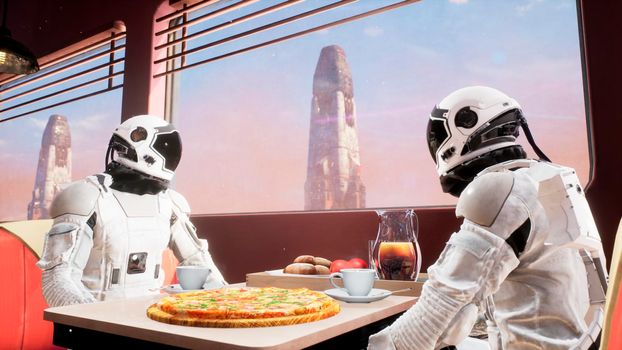 On a distant red planet, astronauts have lunch at a local eatery. View of the eatery with an astronauts.