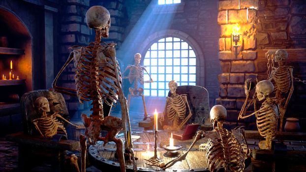 Ancient skeletons in a medieval castle are having fun. Mystical nightmare concept. View of the ancient catacomb and the old skeletons.