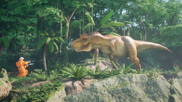 Astronauts battle the dinosaur Tyrannosaurus Rex in a prehistoric alien jungle. View of the green prehistoric jungle forest on a sunny morning.