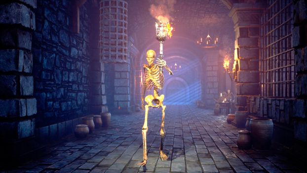 A creepy skeleton with a torch walks through a medieval dungeon. Mystical nightmare concept. View of the ancient catacomb and the creepy skeleton.